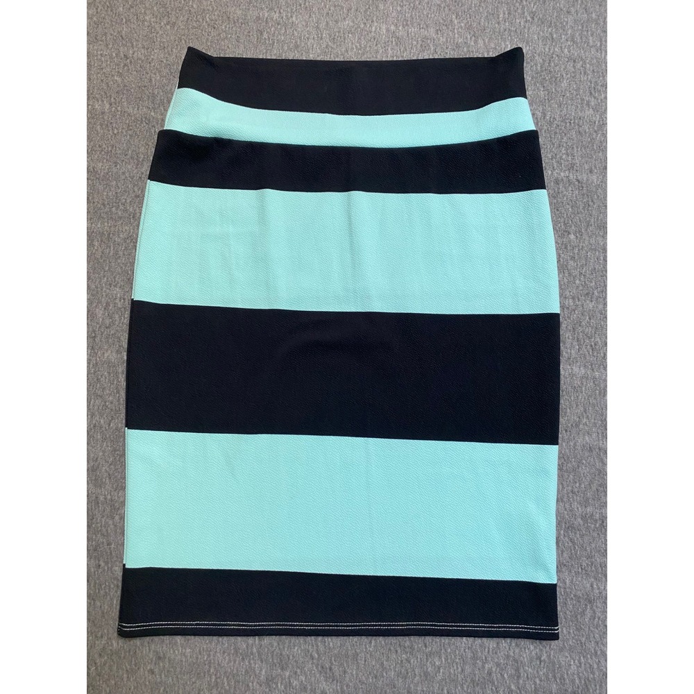 LuLaRoe Cassie Pencil Skirt XL Mint Green Black Striped Knee Length Stretch